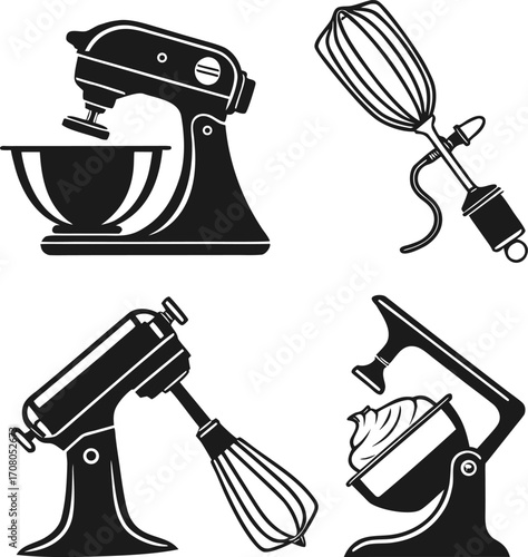 kitchen, mixer, stand, hand, silhouette, icon, set, collection, vector, graphic, appliance, equipment, culinary, machine, utensil, gastronomy, symbol, blender, food