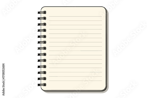 Vector illustration of a realistic spiral notebook. Empty lined paper for notes. Notepad mockup for school, office, or journaling. Blank page diary or planner design.
