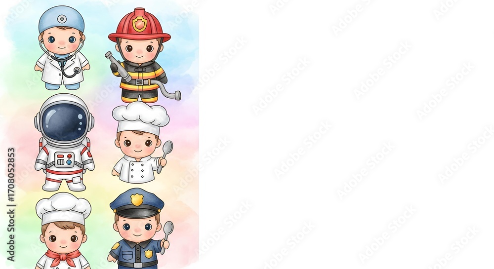 Fototapeta premium Cute Cartoon Characters Firefighter, Astronaut, Chef, Policeman - Diverse Professions Represented