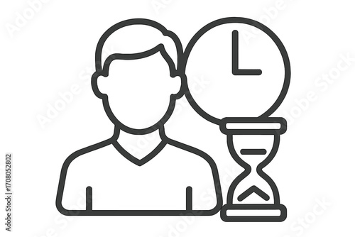 Person hour linear icon. Time management and productivity concept. Man with clock and hourglass symbol for project deadline, work efficiency, and business measurement vector.