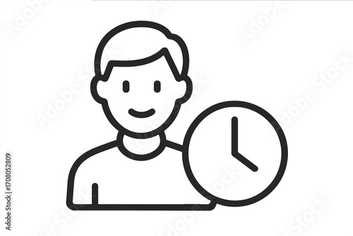 Person hour, time management concept. Man with clock icon for schedule, work, and productivity. Employee availability, deadline, and business efficiency vector illustration.