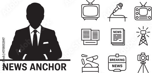 News Anchor Silhouette with Broadcast Icons on Transparent Background Vector Graphic