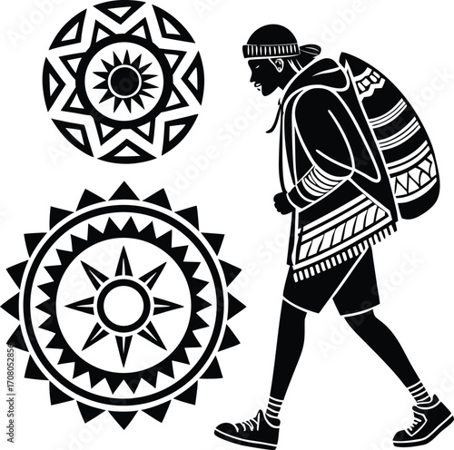 traveler, hiker, silhouette, tribal, ethnic, indigenous, mandala, sun, symbol, ornament, spiritual, sacred, pattern, esoteric, mystical, circular, geometric, tattoo