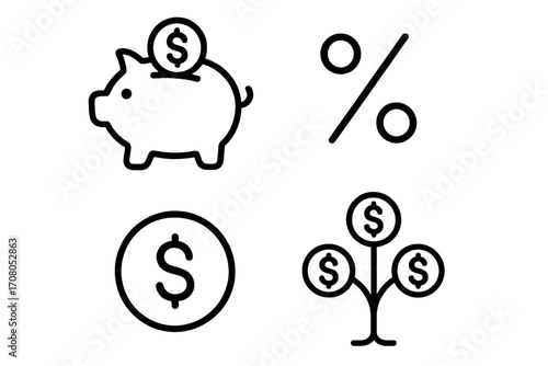 Finance and money outline icon set. Piggy bank for savings, percent for interest, dollar coin, and money tree for investment growth. Vector concepts for business and banking.