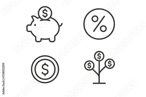 Finance thin line icon set. Saving money in piggy bank. Investment growth and profit concept with money tree. Return on investment ROI. Percent sign for interest rate. Economy.