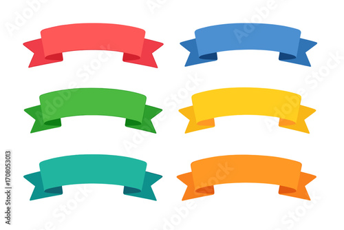 Colorful set of 6 ribbon banners, flat design graphic elements collection with vibrant vector ribbons and banners, cartoon style, transparent background