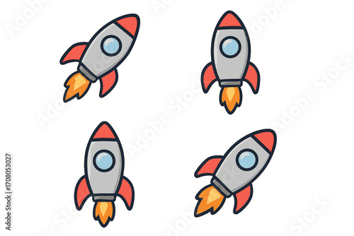 Cartoon rocket icon set with flat design, vector illustration of different angled rockets, space travel symbols, spaceship clipart, transparent background, seamless ordered set