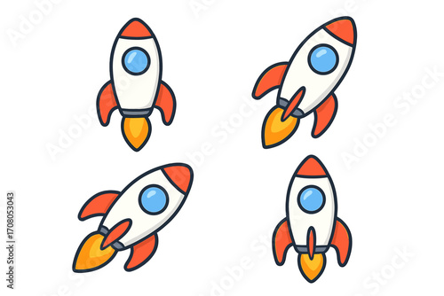 Rocket icon flat vector illustration set with cartoon style multiple angles and transparent background, futuristic spaceship clipart collection, space technology design