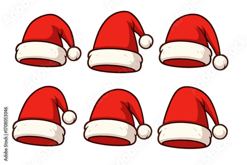 Set of red Santa hats with white fur trim and pompom, Christmas winter caps, festive holiday vector illustrations, cartoon style with transparent background, ordered collection for design