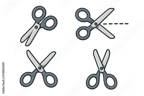 Cartoon scissors icon set with cutting action, vector illustration of open and closed scissors, stationary tool collection with transparent background, office and craft supplies