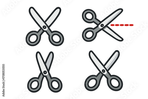 Scissors icon set, vector cartoon illustration with transparent background, cutting tool symbols, open and closed scissors, craft supplies, office and art tools collection