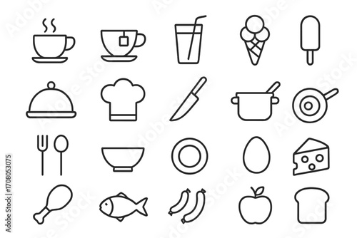 Set of Food, Cooking, and Kitchen Line Icons with Editable Strokes for Design, Web, Apps, Cards, Featuring Coffee, Tea, Ice Cream, Cooking Tools, Food Items, and Kitchen Utensils Vector