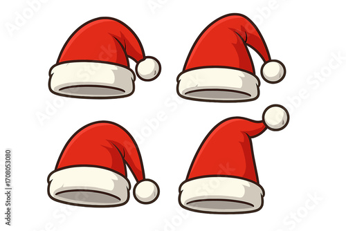Set of 4 Santa hats in red and white festive colors, Christmas winter caps, vector cartoon illustrations with transparent background, holiday headwear collection, seasonal accessory design