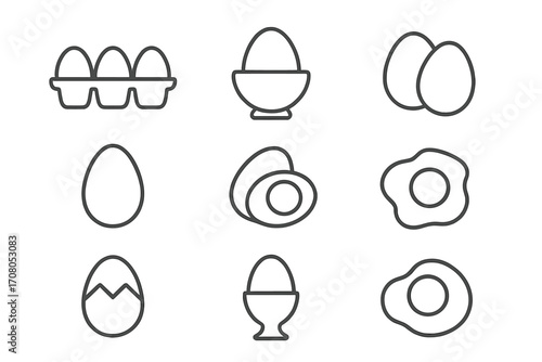 Set of editable food-related line icons with eggs, egg carton, boiled egg, fried eggs, egg cracked shell, vector cartoon illustration for web, apps, design