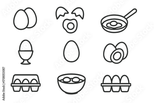 Food and Eggs Line Icons Set, Editable Stroke Vector Illustration with Eggshell, Boiled Eggs, Egg Cup, Fried Eggs, Egg Carton, Simple Linear Food Symbols for Web, Apps, Cards