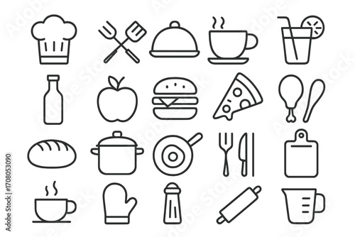 Set of food and kitchen line icons with cooking utensils, beverages, and fast food symbols. Editable stroke vector for web, apps, cards, design projects including coffee, pizza, and more