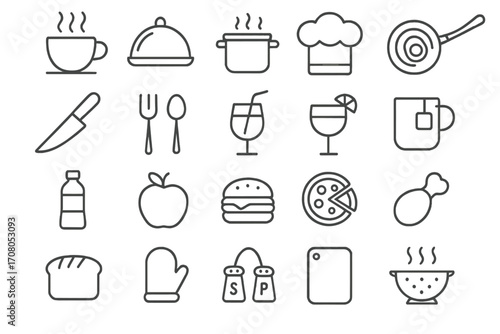 Set of food, cooking, kitchen and beverage line icons, editable stroke vector design for web, apps, cards, with coffee, tea, ice cream, utensils, kitchenware, and cooking tools