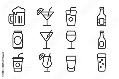 Soft Drinks and Alcohol Icon Collection with Beer, Cocktail, Bottle, Can, Glass, and Straw Symbols for Design, Apps, Websites, Social Media Posts, and Cards Vector Set