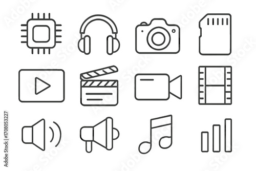 Sound and video line icon pack, modern collection for design, websites, apps, cards, includes linear vector images of chip, headphones, camera, memory card, audio, video, media symbols