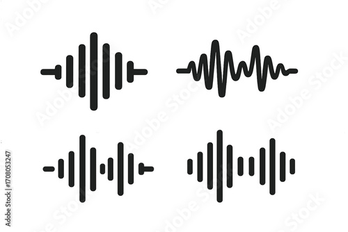 Sound wave icons set, audio recording waves vector symbols, sound frequency bars, voice waveforms illustration, black transparent background, minimalist audio signals collection