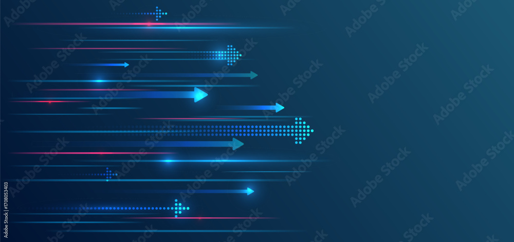 Obraz premium Dynamic futuristic background with glowing arrows and speed lines in blue and pink tones, symbolizing progress, technology, and fast digital innovation.