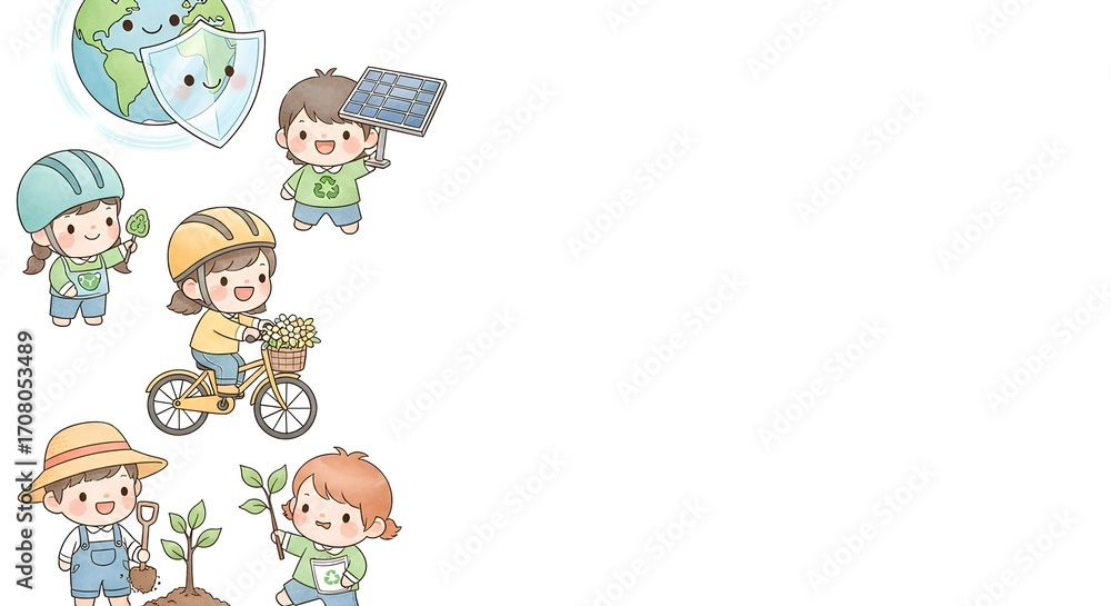 Naklejka premium Adorable collection of children characters engaged in eco-friendly activities to promote environmental protection and a green lifestyle