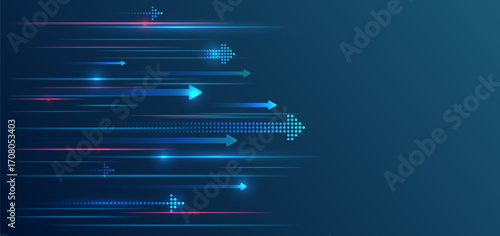 Dynamic futuristic background with glowing arrows and speed lines in blue and pink tones, symbolizing progress, technology, and fast digital innovation.