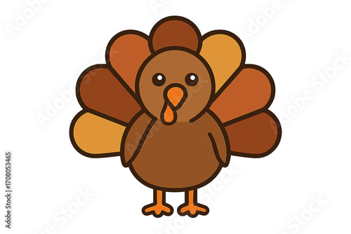 Cute cartoon turkey icon with colorful feather fan, Thanksgiving holiday symbol, flat style vector illustration, autumn bird character, festive fall design, transparent background
