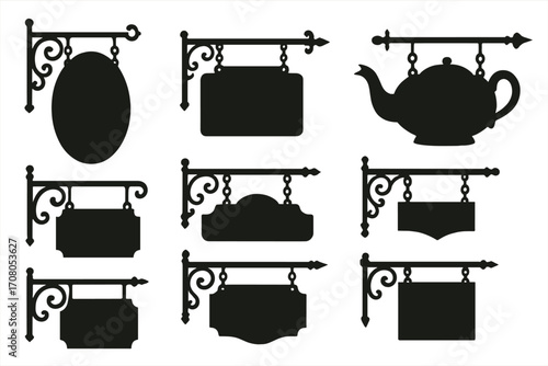 Vintage signboard set in silhouette style, vector cartoon illustration with transparent background, assorted decorative hanging signs, shop, cafe, and business signage collection