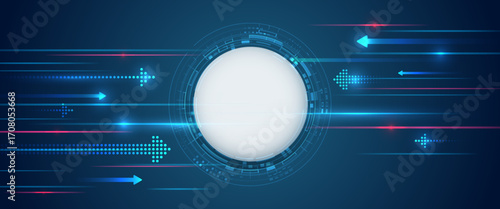 Dynamic futuristic background with a white circle in the center and glowing arrows and speed lines in blue and pink tones, symbolizing progress, technology and fast digital innovation, data transfer.