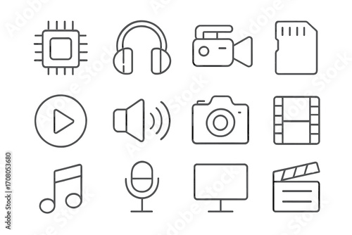 Sound and video line icon pack modern design collection for websites apps cards includes linear chip headphones camera memory card play music microphone monitor clapper vector cartoon