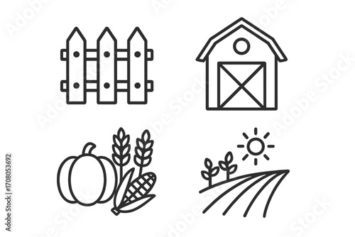Agriculture line icon set. Farming and harvest symbols. Vector collection with barn, fence, pumpkin, corn, and wheat. Concepts for organic food, plantation, and rural life.