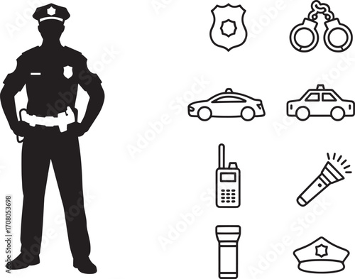 Police Officer Silhouette with Badge, Handcuffs, Car, and Radio Icons on Transparent Vector