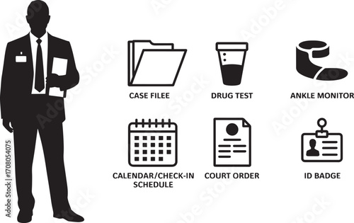 Probation Officer Silhouette with Case File and Monitoring Icons on Transparent Backdrop