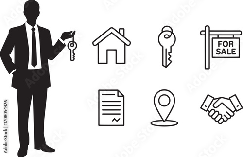 Real Estate Agent with House Key and For Sale Sign Icon Set on Transparent Background