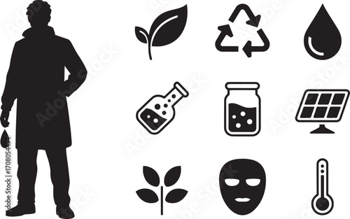 Scientist Silhouette with Ecology Icons Representing Environmental Research and Sustainability