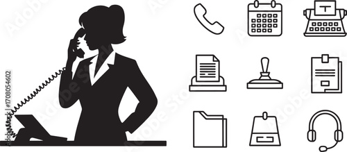 Secretary Silhouette with Office Icons Representing Administrative Work and Business Support