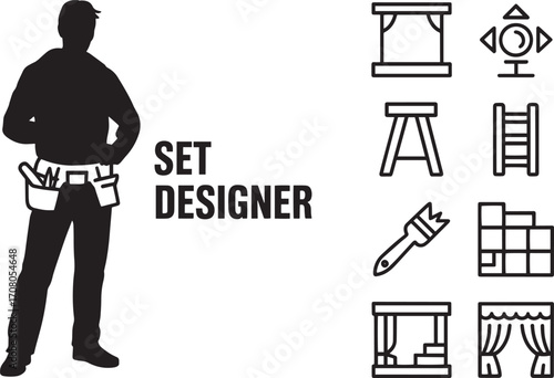 Set Designer Silhouette with Stage Icons for Theater and Production Design