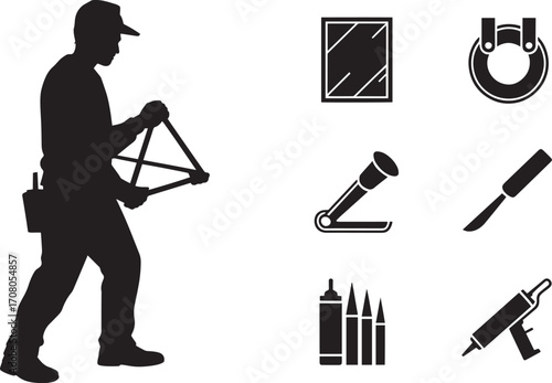 Silhouette of a Construction Worker with Tools and Equipment on Transparent Background