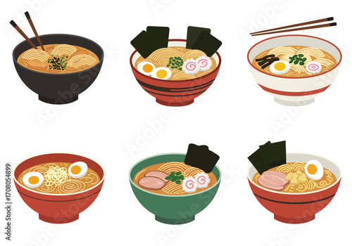 Assorted Bowls of Ramen Noodle Soup with Various Toppings and Chopsticks.