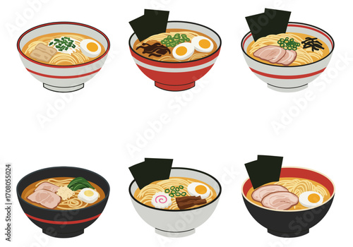 Assorted Ramen Bowls with Noodles Eggs and Toppings Illustration.