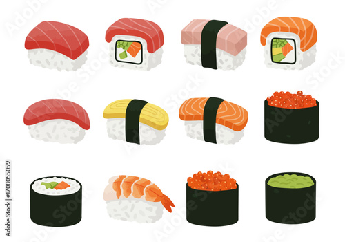Assorted Sushi Set Nigiri Maki and Gunkan Sushi with Tuna Salmon Shrimp Egg and Roe.