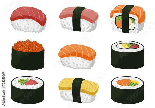 Assorted Sushi Set with Tuna Salmon Egg and Roe Nigiri and Maki Rolls.