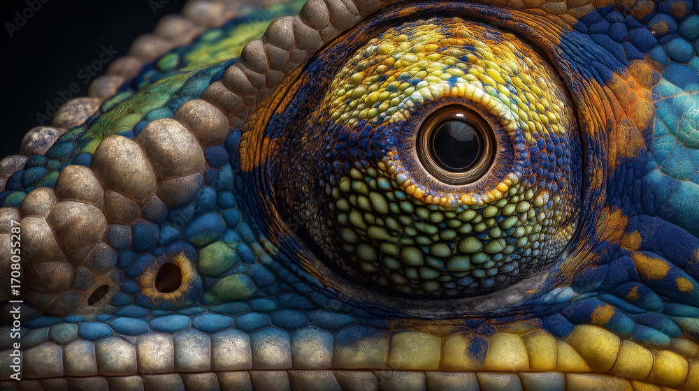Fototapeta premium Ultra-detailed close-up of a chameleon’s eye with colorful textures, glowing greens and yellows radiating under intense natural light.