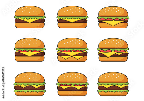 Cartoon Burgers with Cheese Lettuce and Tomato on Sesame Seed Buns.