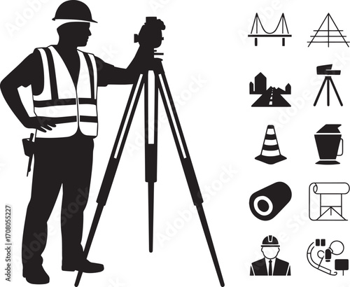 Silhouette of Surveyor with Total Station and Construction Icons on Transparent Background