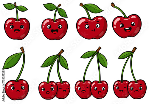 Cartoon Cherries with Cute Facial Expressions and Green Leaves on White Background.
