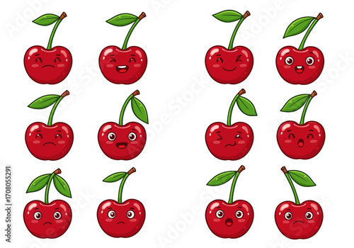 Cartoon Cherries with Various Facial Expressions Red Fruits with Green Stems and Leaves.