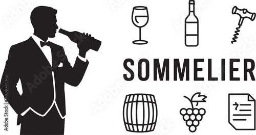 Sommelier Silhouette with Beverage Icons Displaying Tasting, Service, and Expertise