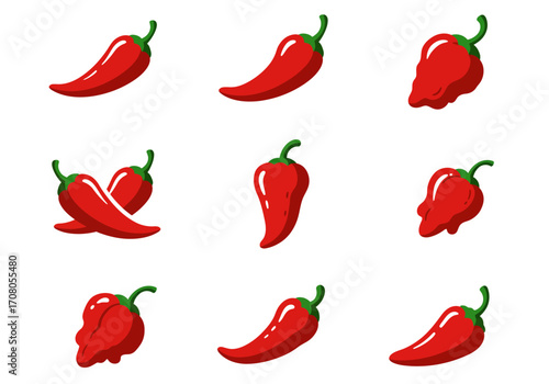 Cartoon Red Chili Peppers with Green Stems Illustration.